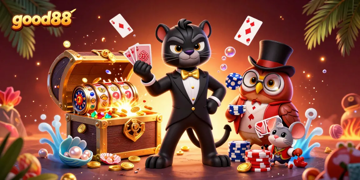 good88 showcases a stylish cartoon panther dealing cards, surrounded by vibrant casino elements.