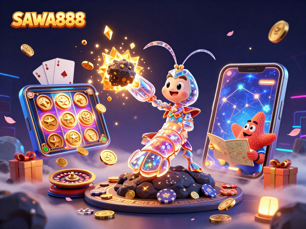 SAWA888 offers thrilling gameplay with vibrant 3D elements, showcasing an exciting casino scene.