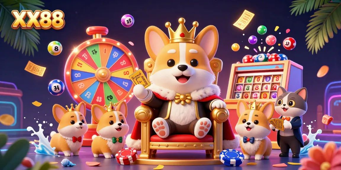 Experience the thrilling world of XX88 with a royal corgi at the center of a vibrant casino scene.