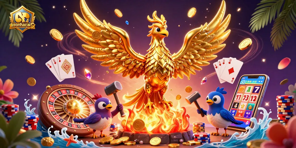 Engage with keonhacai5 to witness an enchanting scene of a molten metal phoenix, cascading gold coins, and vibrant casino elements.