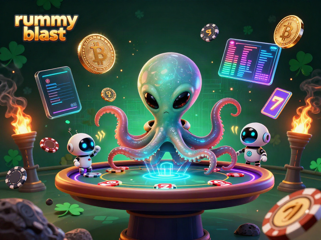 Engage with rummy blast in a vibrant 3D illustration featuring alien gameplay and dynamic casino elements.