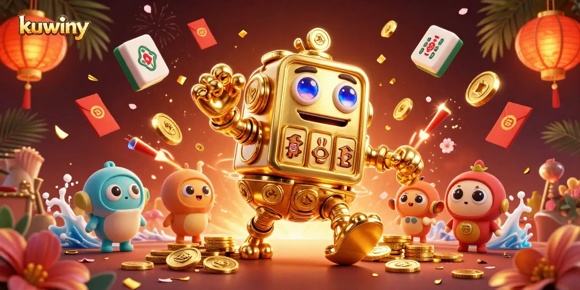 Kuwiny players spinning gold coins with vibrant casino elements and lucky symbols around a glowing golem.