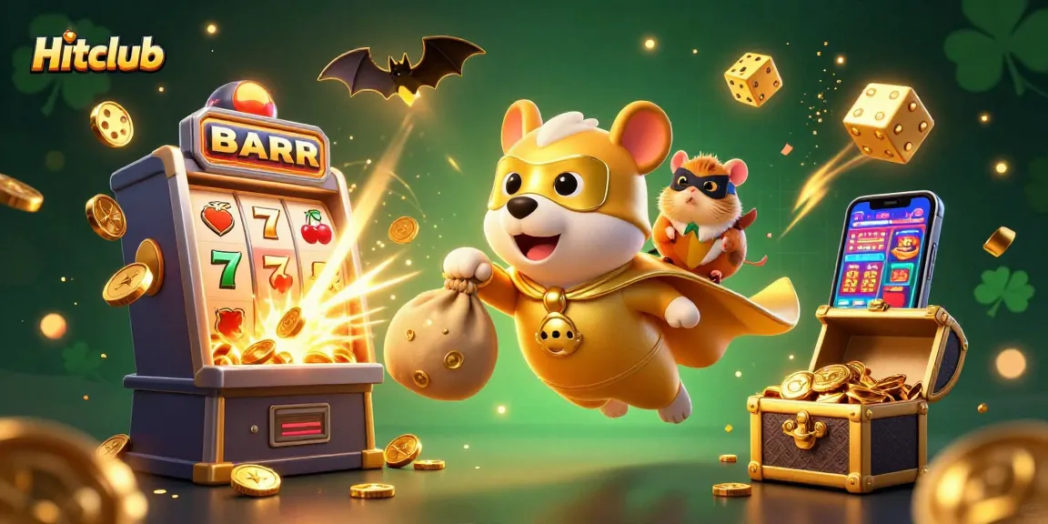 Hitclub’s 3D superhero dog flies amidst vibrant slot machines, coins, and casino symbols.