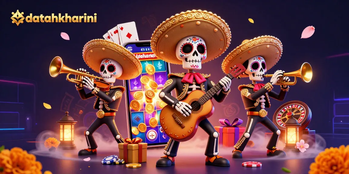 Menangkap momen bermain mesin slot datahkhariini dengan karakter mariachi dalam ilustrasi 3D yang penuh warna.
