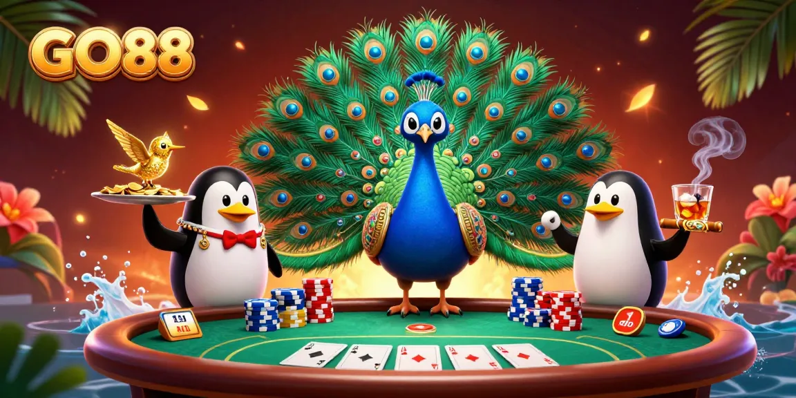 Experience the thrill of GO88 with vibrant casino elements and dynamic characters in this rich 3D scene.
