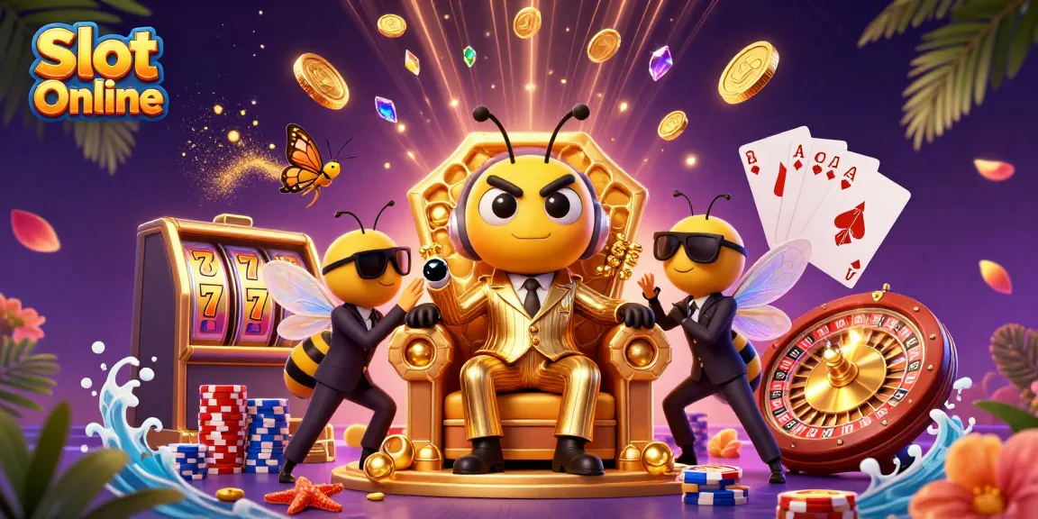 Engage with Slot Online, featuring vibrant 3D illustration of bumblebee mob boss amidst casino elements.