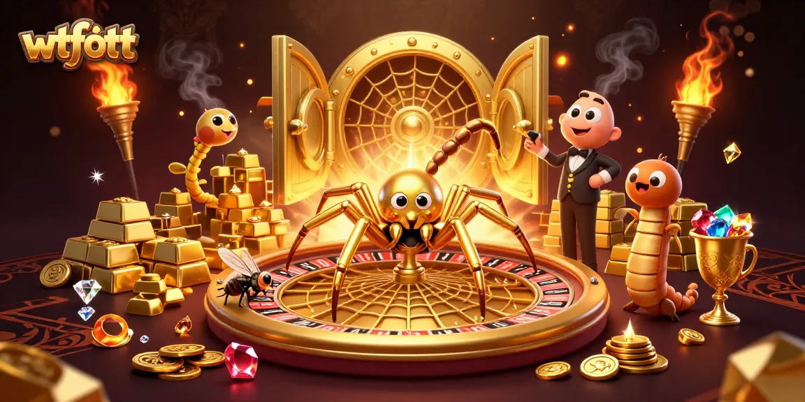 Watch a fly nervously place bets on wtfott with a golden spider and centipede croupier at a casino.