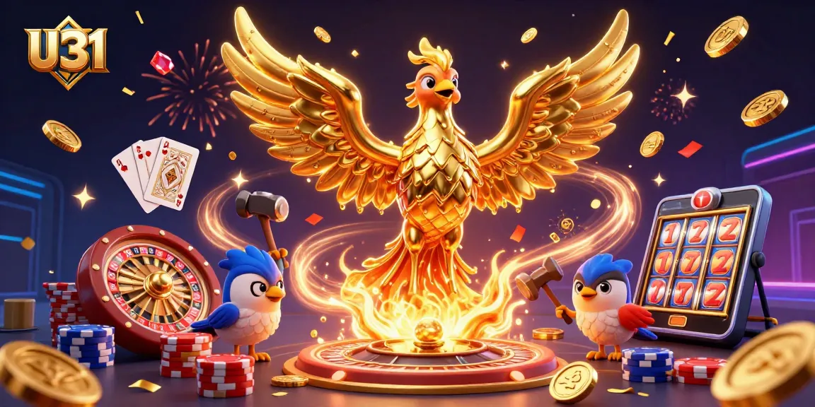 Experience the thrill of U31 with golden phoenix emerging from a forge surrounded by dynamic casino elements.