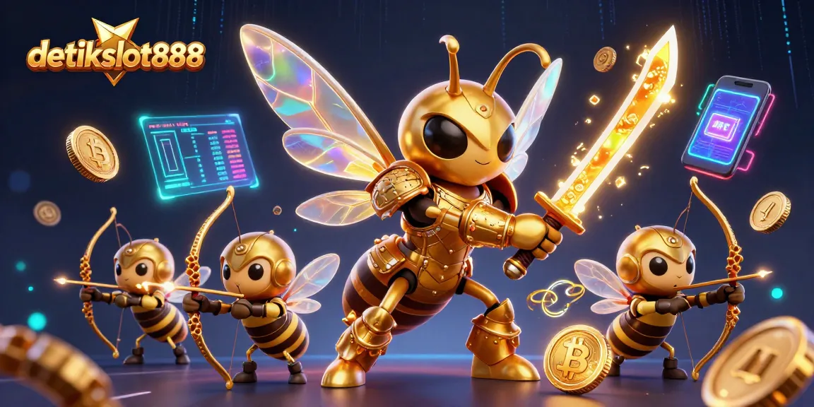 Experience winning thrills with detikslot888 as a 3D illustration showcases dynamic slot gaming elements and vibrant visuals.