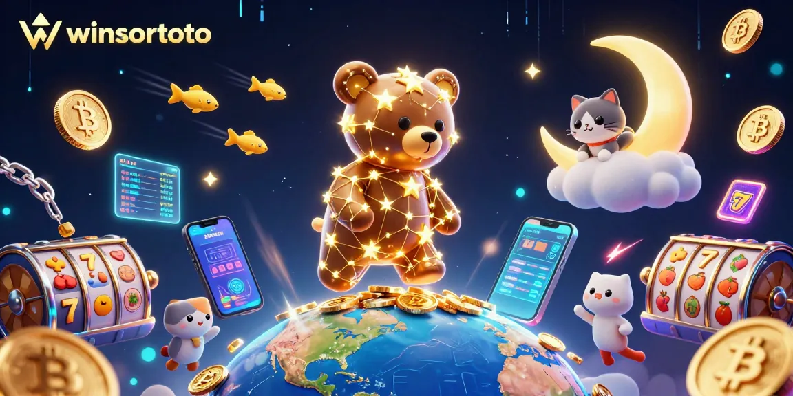Menangkan permainan di winsortoto dengan ilustrasi kasino yang menakjubkan, menggambarkan karakter beruang bintang yang mengumpulkan koin.