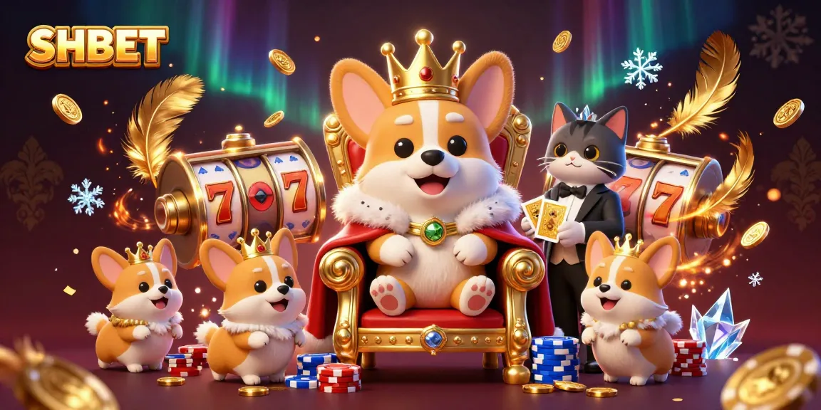 Experience the excitement of casino gaming with SHBET, featuring a royal corgi on a poker chip throne.