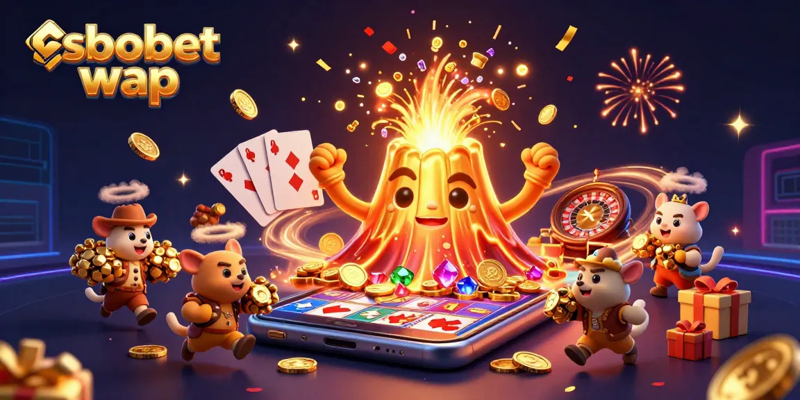 Experience sbobet wap with thrilling golden volcano erupting treasures, mobile gaming excitement, and festive confetti.