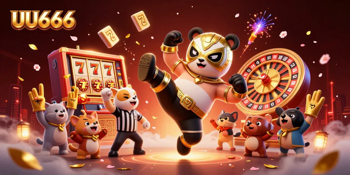 Experience thrilling gaming moments with UU666 as a panda takes a flying kick amidst festive casino elements.