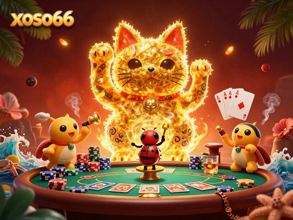 Engage with xoso66's vibrant gaming scene featuring a lucky cat and poker elements.