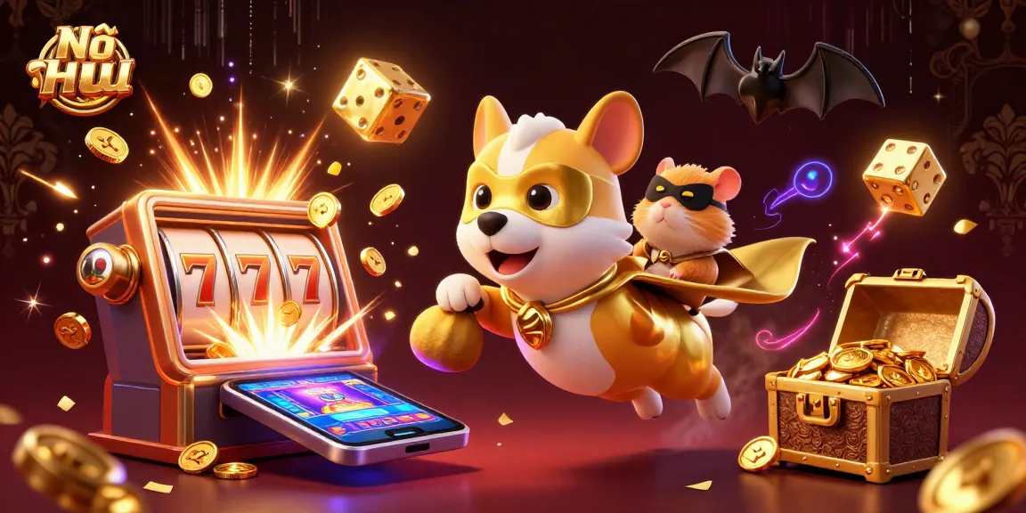 Nổ Hũ reveals a kitschy casino adventure with a superhero dog, spinning slots, and vibrant gold treasures!