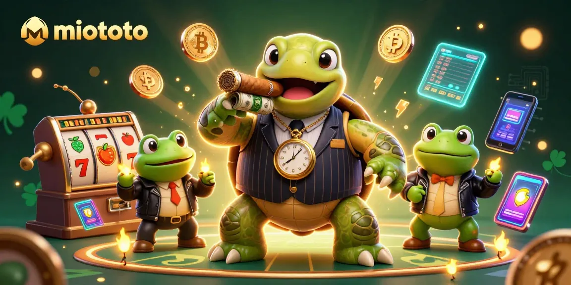 Engage with miototo's vibrant cartoon casino scene featuring a snapping turtle mobster and lively elements.