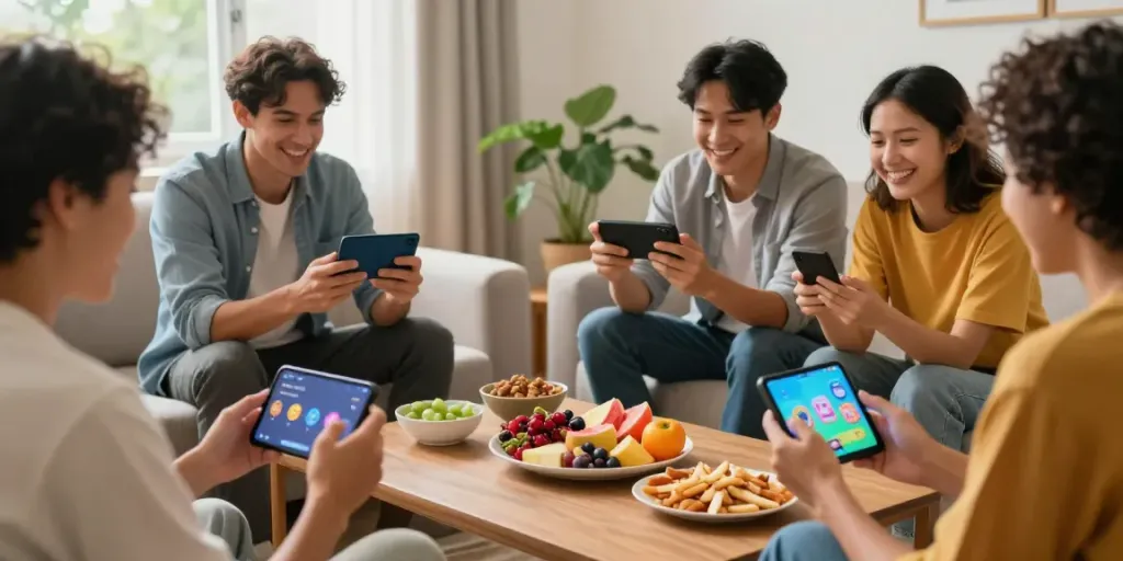 Adults enjoying yono games on mobile devices in a cozy living room.