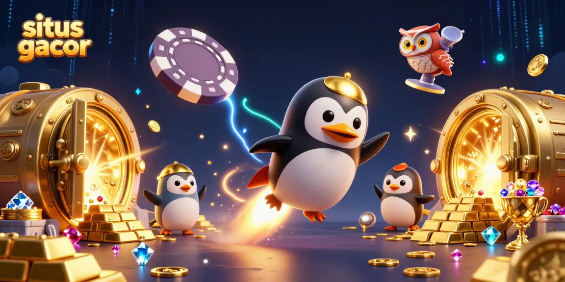 Experience the thrill of situs gacor with a rocket-powered golden penguin in a dynamic casino space scene.