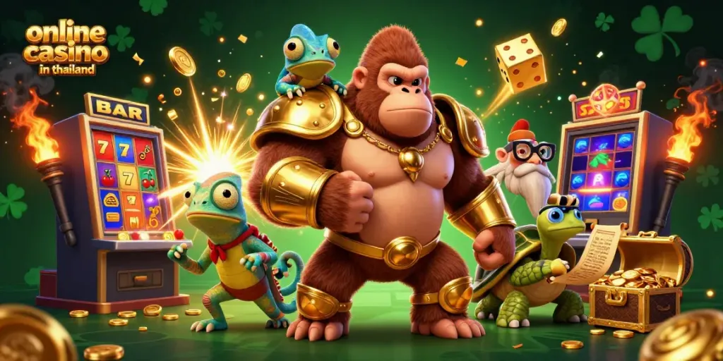 Experience the excitement of an online casino in Thailand with dynamic 3D characters and vibrant gaming elements.
