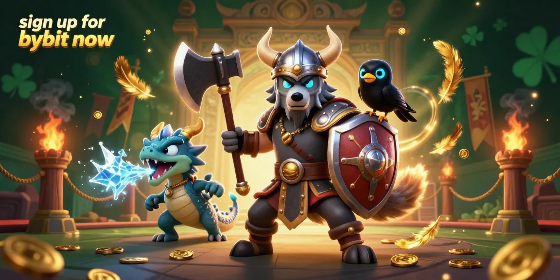 Sign up for bybit now with a vibrant 3D illustration featuring a fierce Viking wolf warrior and dynamic casino elements.