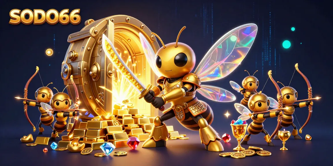 Join the excitement at SODO66 as a giant golden hornet leads a dynamic casino adventure filled with treasures.