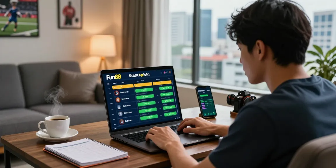 Engaged user betting on Fun88Thailand in a cozy home setting with sports memorabilia and a laptop.