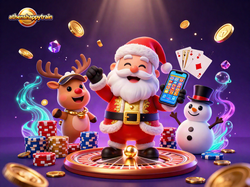 Experience the thrill of athenshappytrain with Santa and friends enjoying bonus slots.