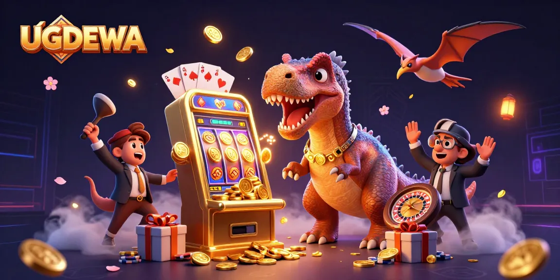 Watch UGDEWA's pachycephalosaurus claim jackpot coins from a golden slot machine in this vibrant casino scene.