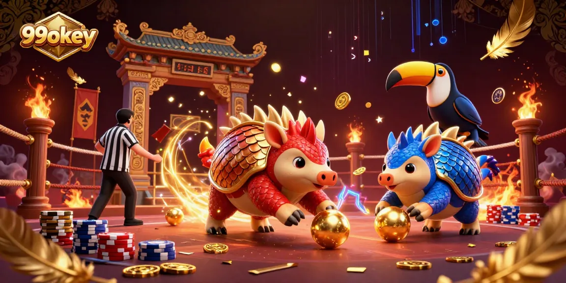 Experience thrilling gameplay at 99okey with pangolins bowling through poker chips in a dynamic casino arena.