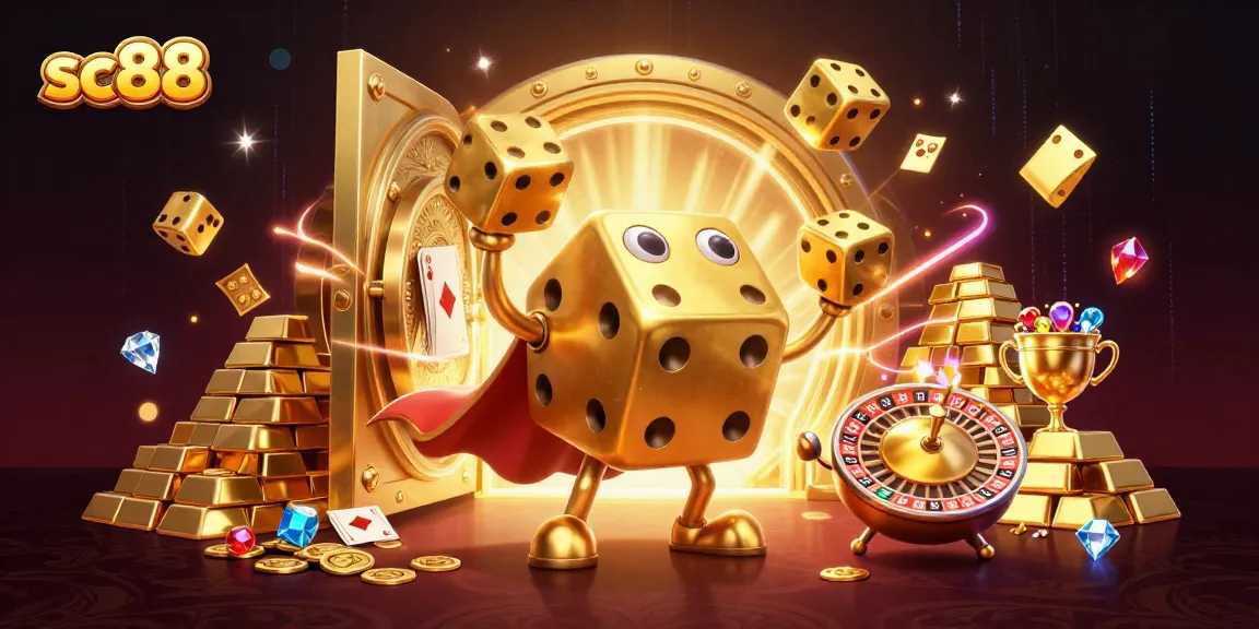 Engage with sc88's vibrant online casino experience featuring golden dice golem and treasure elements.