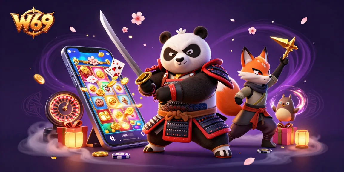 W69 showcases a gaming adventure with a samurai panda, ninja fox, and magical elements.