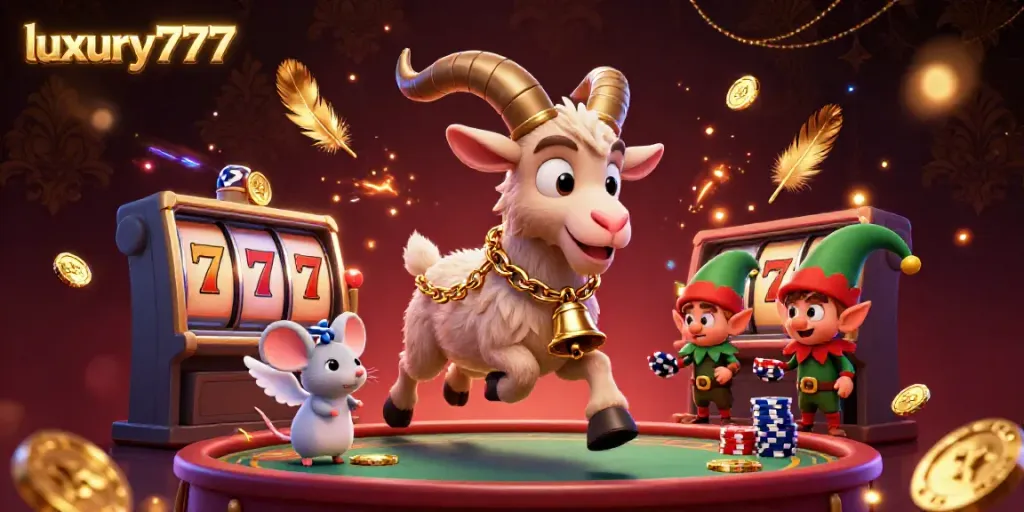 Experience the thrill of winning at luxury777 with a cartoon Krampus, angel mouse, and naughty elf gremlins in a vibrant casino.