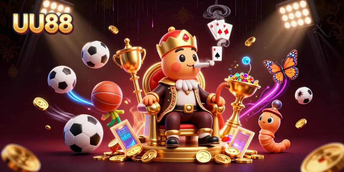 Engage with dynamic gaming action at UU88 with a vibrant illustration featuring animated characters and casino elements.