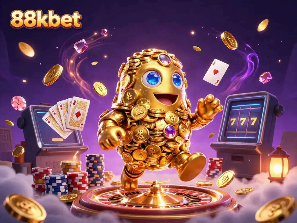 Engage in thrilling gaming adventures at 88kbet with shimmering gold coins and vibrant casino elements.