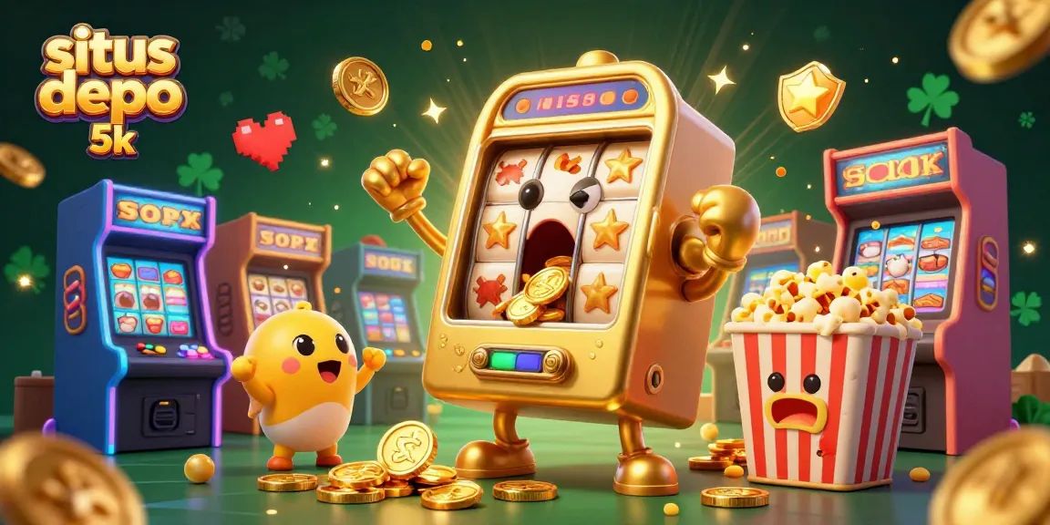 Engage with 'situs depo 5k' through a thrilling jackpot scene showcasing characters in action, celebrating wins.