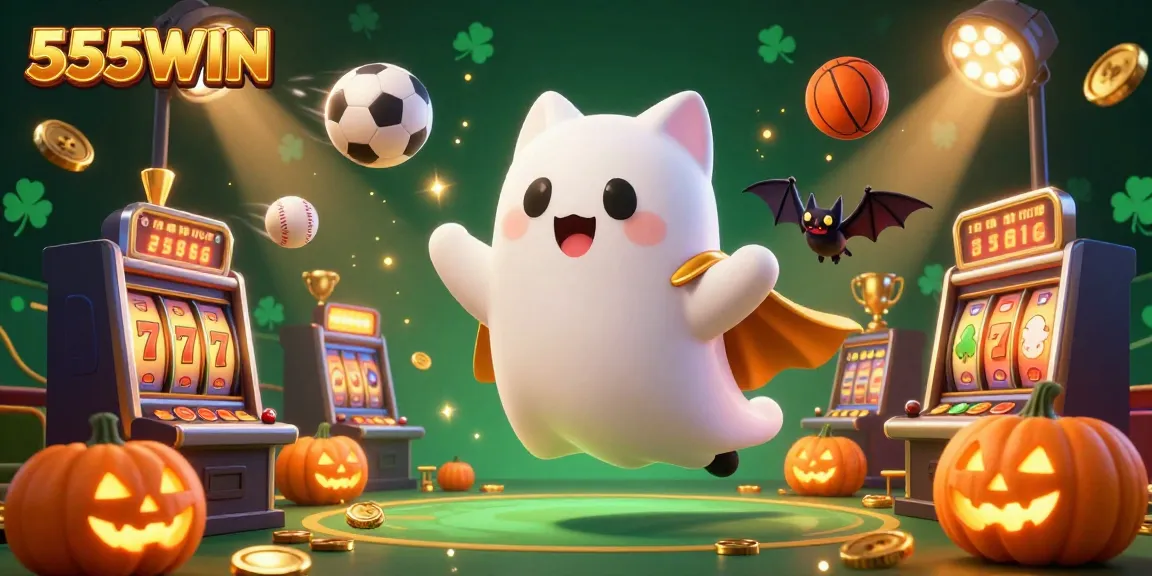 Engage with 555WIN's vibrant casino world, featuring a ghost cat and vampire bat amidst dynamic casino action.