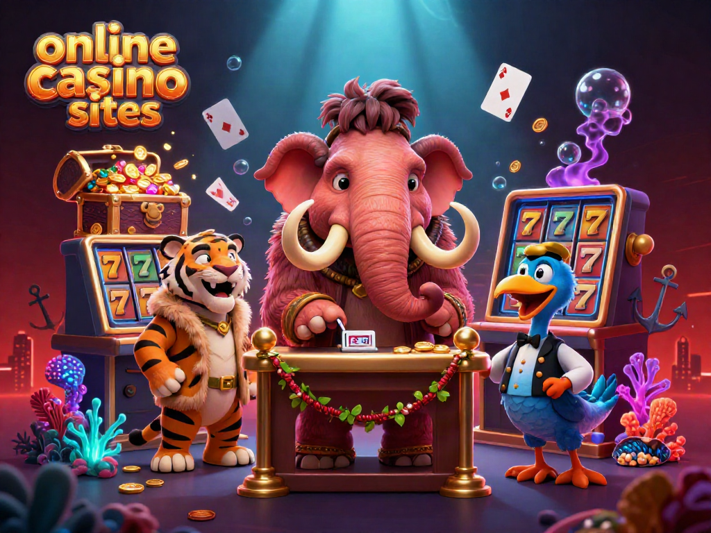 Engaging illustration showcasing online casino sites with a woolly mammoth bouncer, a saber-tooth guest, and vibrant slot elements.