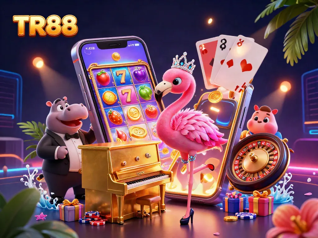 Engage in TR88's vibrant casino experience with a lively flamingo singer and hippo bassist.