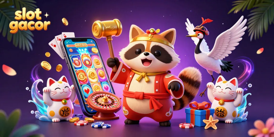 Join the fun with slot gacor characters like cheerful tanuki and lucky symbols in this vibrant casino scene.