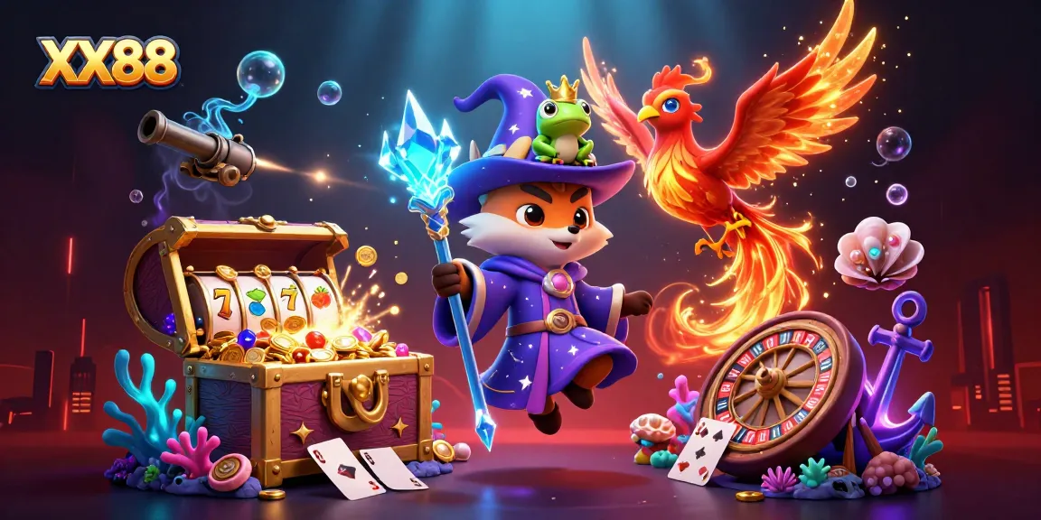 Experience the thrill of XX88 with a vibrant 3D casino scene featuring mystical characters and game elements.