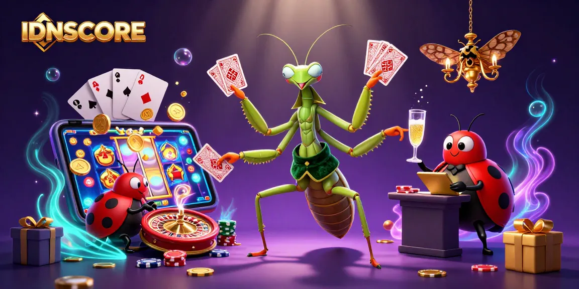 IDNSCORE engaging in gambling activities with a vibrant illustration of a 3D praying mantis and ladybug characters.