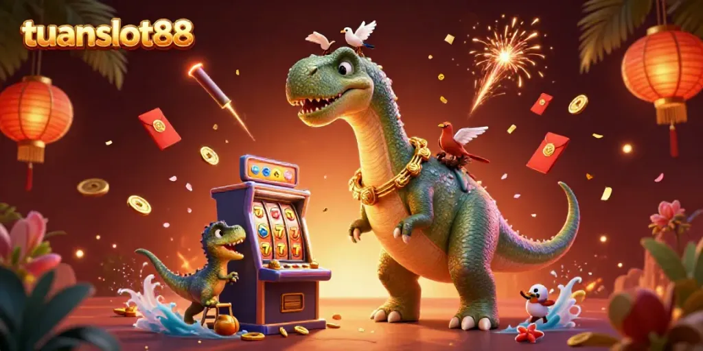 Menangkan jackpot dengan tuanslot88 saat dinosaurus bersenang-senang di kasino yang penuh warna.