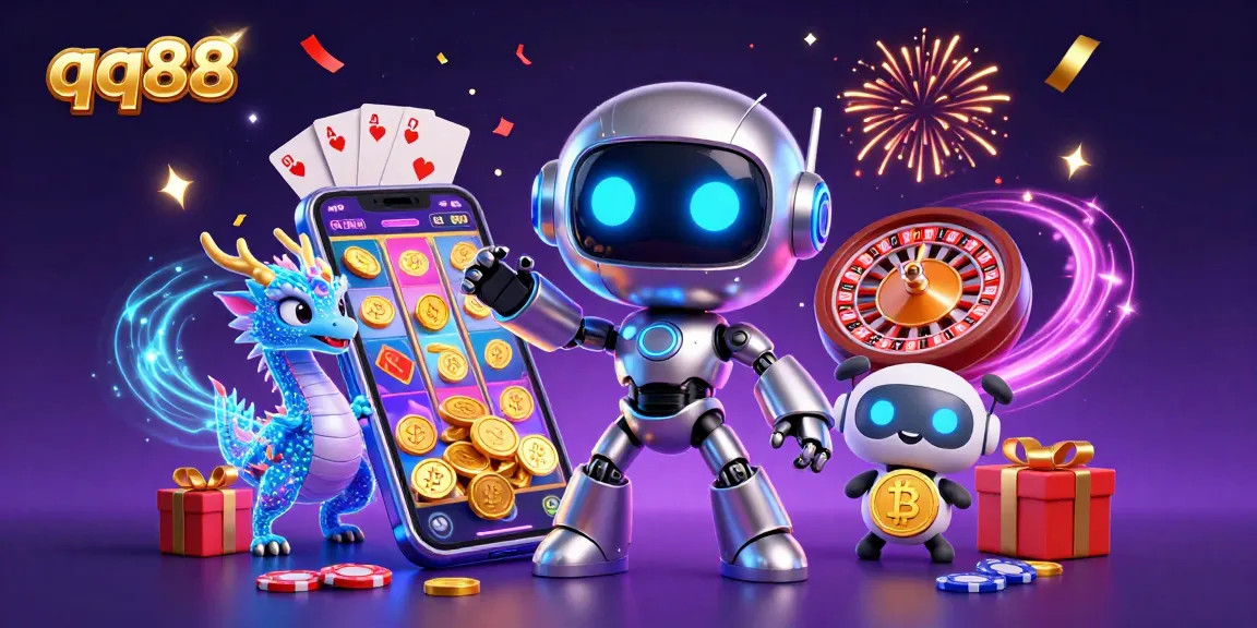 Experience the thrilling world of qq88 with vibrant slot games and animated characters in a 3D casino illustration.