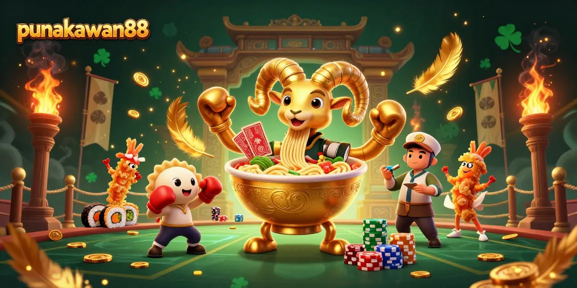 Punakawan88 features a vibrant 3D illustration of a golden ramen bowl and cheerful sushi characters promoting online gambling.
