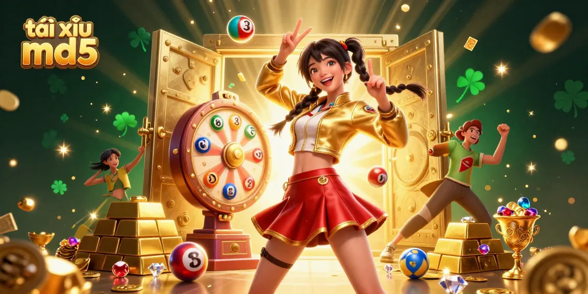 Experience the excitement of tài xỉu md5 in a bustling casino scene with sparkling treasures and vibrant colors.