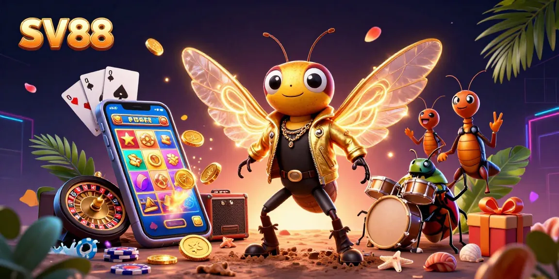 SV88 engages players with vibrant slot games and dynamic scenes of 3D cartoon characters celebrating a gaming extravaganza.