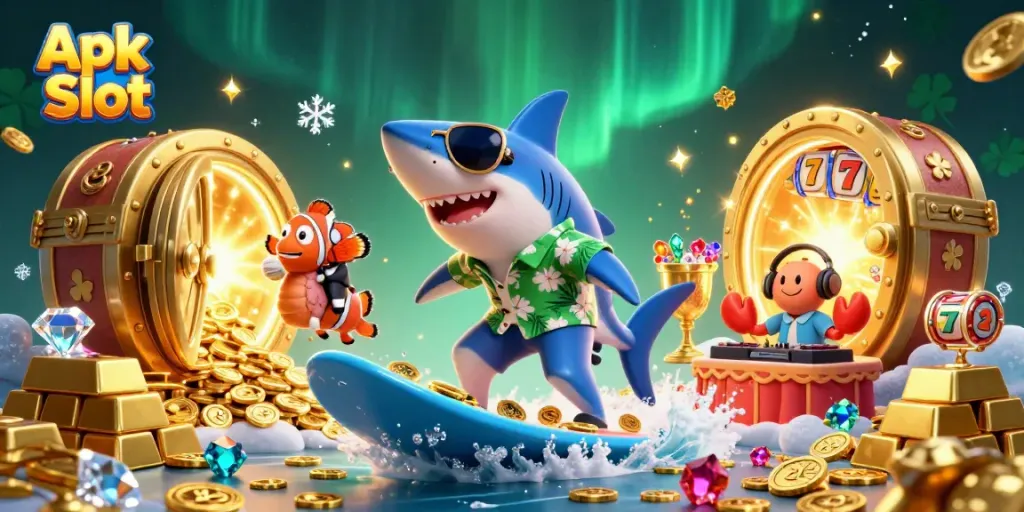 Slot Apk menyenangkan dengan hiu kartun, ikan badut, dan kepiting DJ di lautan emas.
