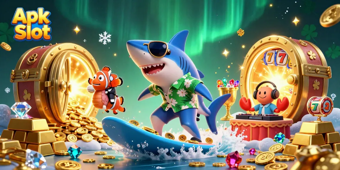 Slot Apk menyenangkan dengan hiu kartun, ikan badut, dan kepiting DJ di lautan emas.