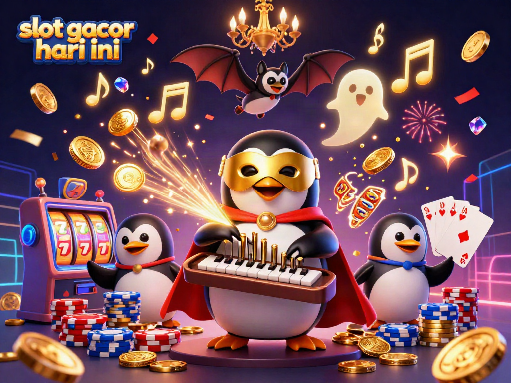 Visualisasi menarik tentang slot gacor hari ini saat penguin memainkan organ menghasilkan koin emas.