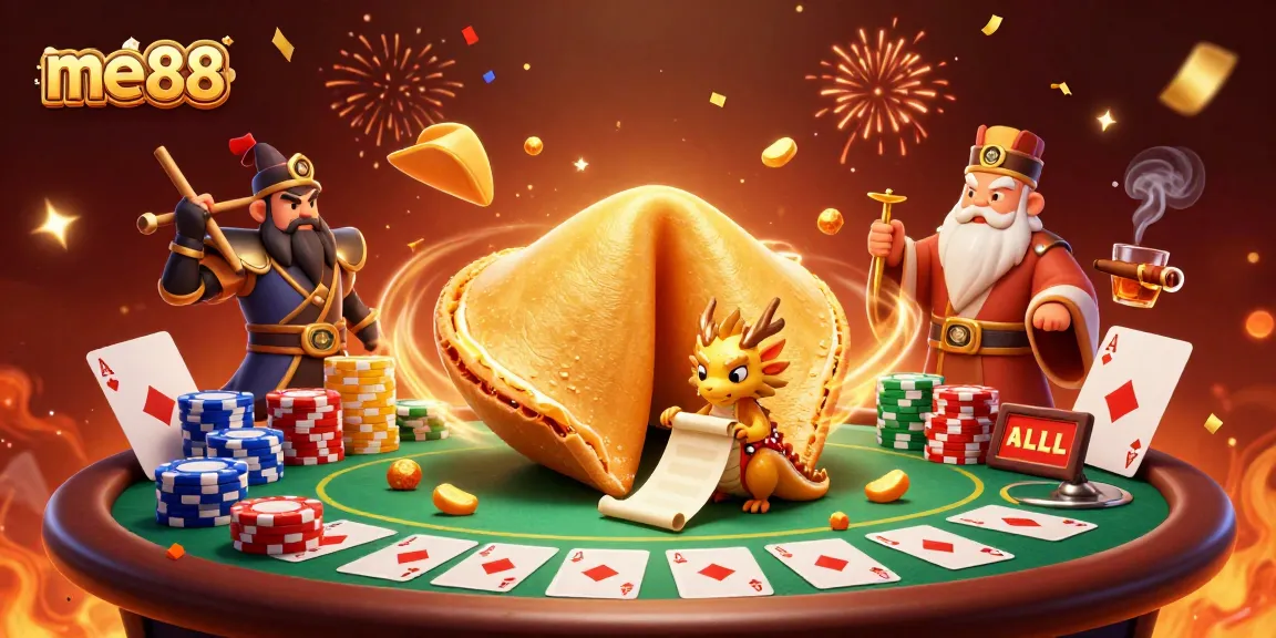 Experience the excitement of me88 with a vibrant illustration of a fortune cookie adventure in a dynamic casino scene.